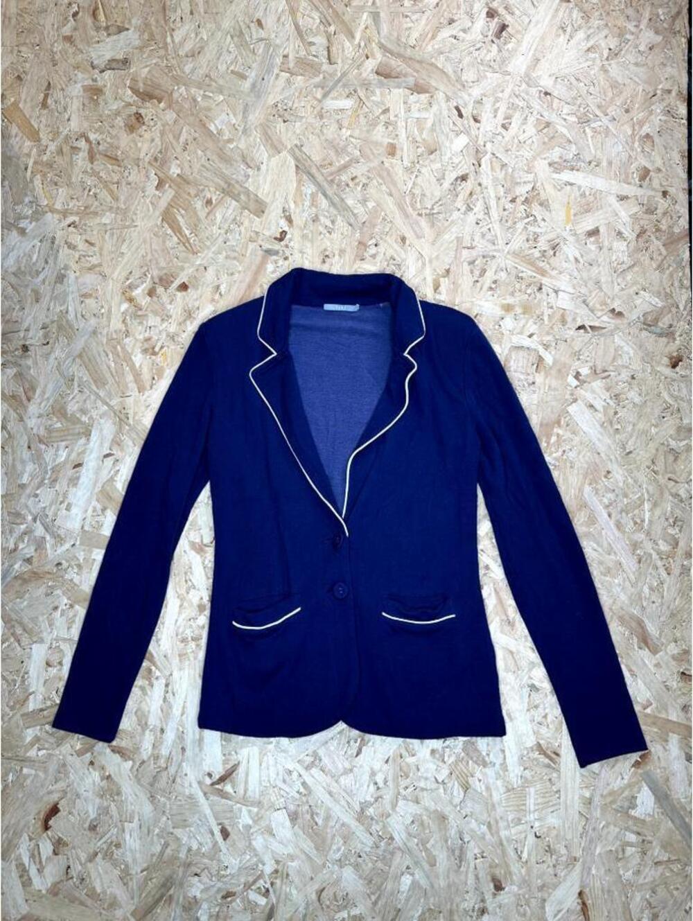 Tart Collections Womens Knit Blazer Jacket Size M Navy Blue White Trim Soft